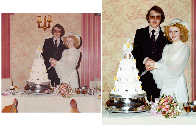 This wedding photograph was improved by tidying up the unwanted and distracting parts.